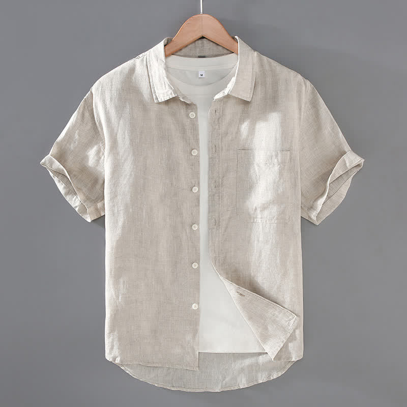Nimara Ritual Summer Casual Button-Up Solid Linen Men's Short Sleeve Shirts With Patch Pocket