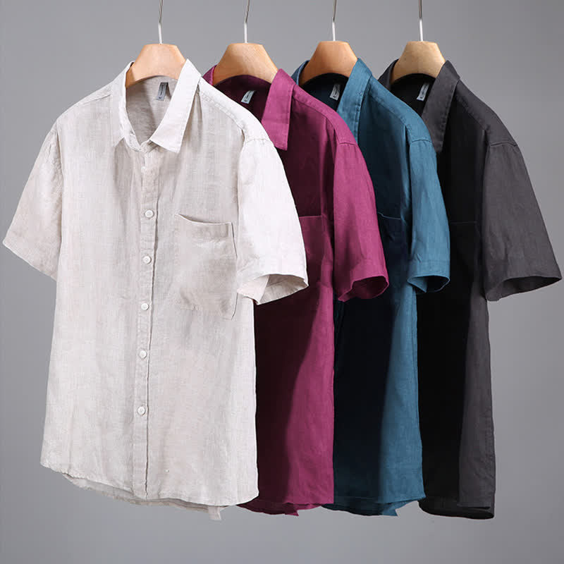 Nimara Ritual Summer Casual Button-Up Solid Linen Men's Short Sleeve Shirts With Patch Pocket