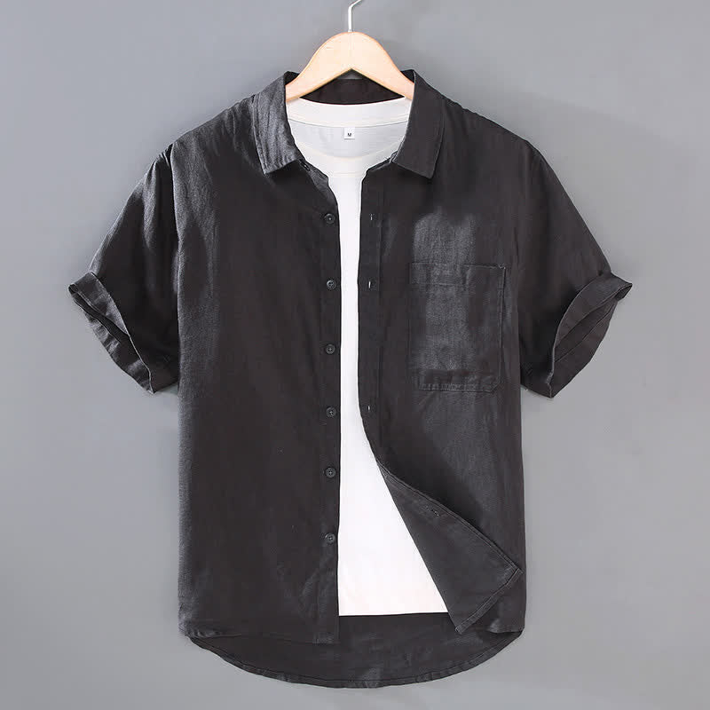 Nimara Ritual Summer Casual Button-Up Solid Linen Men's Short Sleeve Shirts With Patch Pocket