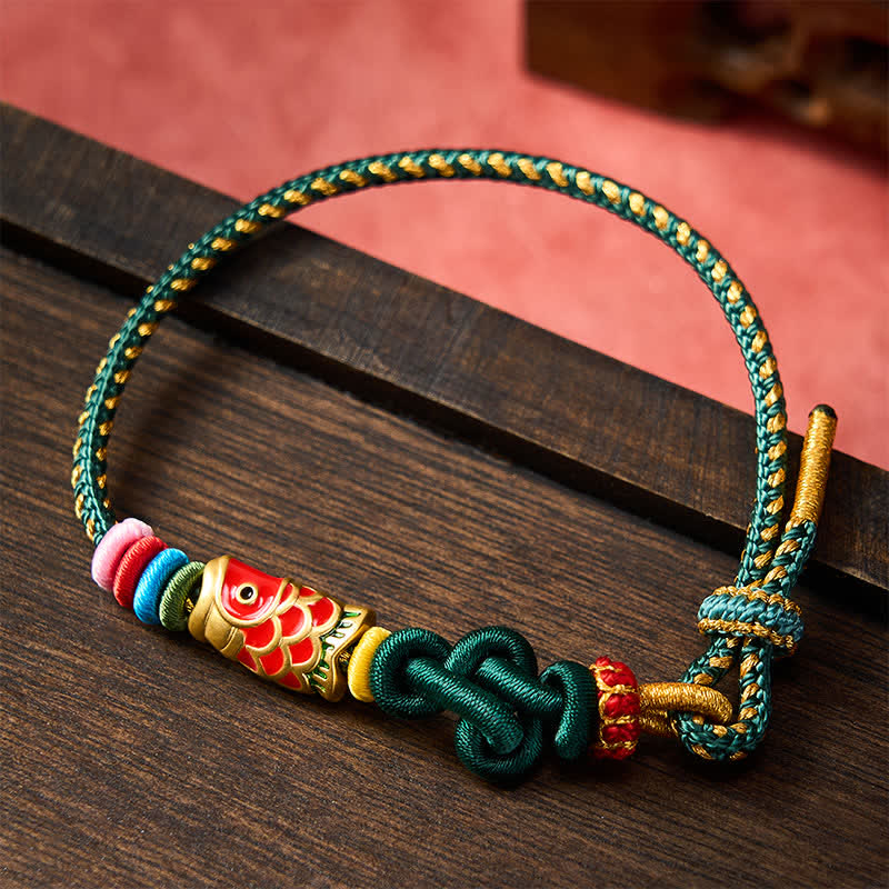Nimara Ritual Hand-Woven Dark Green Yellow String Red Koi Fish Protection Bracelet