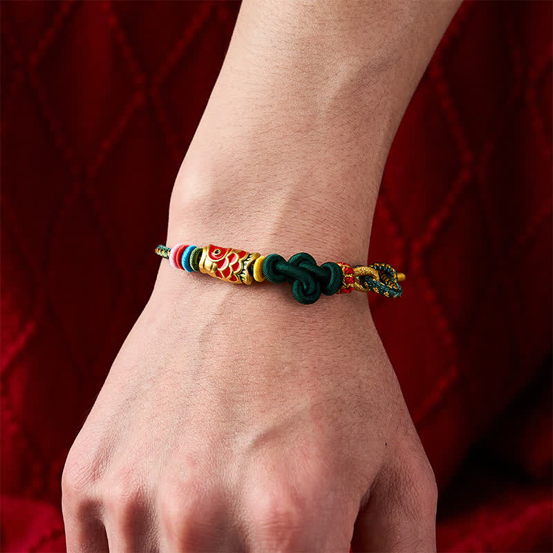 Nimara Ritual Hand-Woven Dark Green Yellow String Red Koi Fish Protection Bracelet