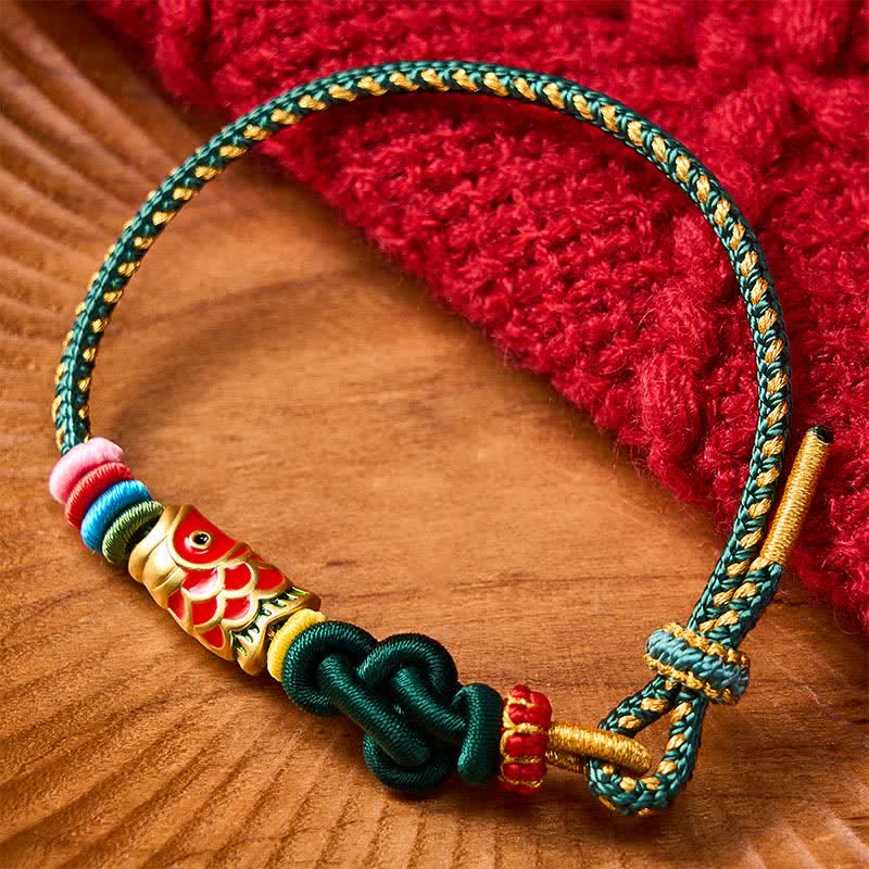 Nimara Ritual Hand-Woven Dark Green Yellow String Red Koi Fish Protection Bracelet