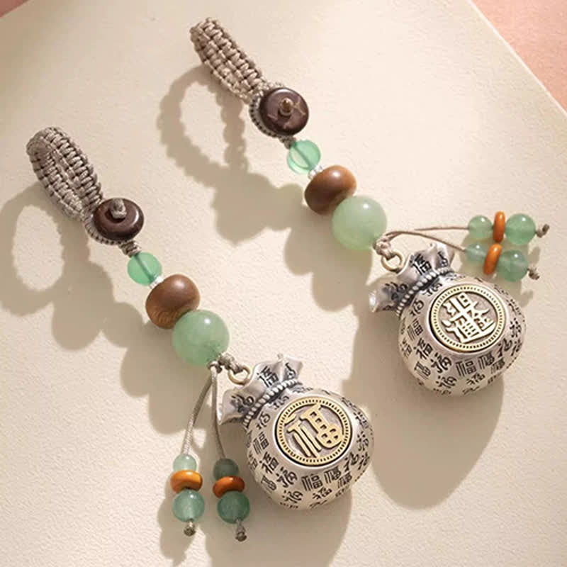 Nimara Ritual Copper Fu Character Hand-Woven Blessing Bag Beaded Keychains