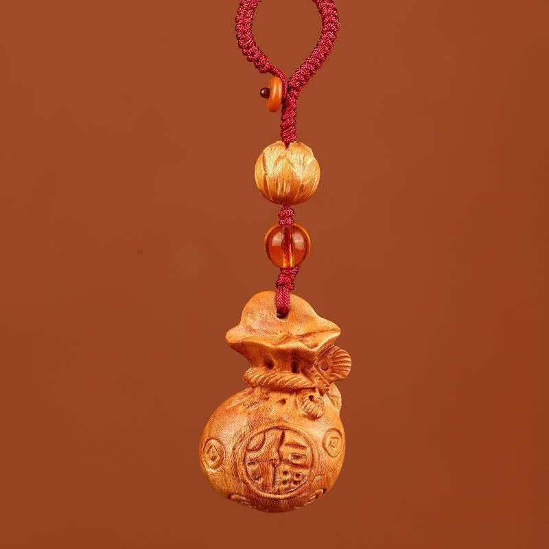 Nimara Ritual Peach Wood Fu Character Lotus Lucky Pouch Wealth Charm Keychains