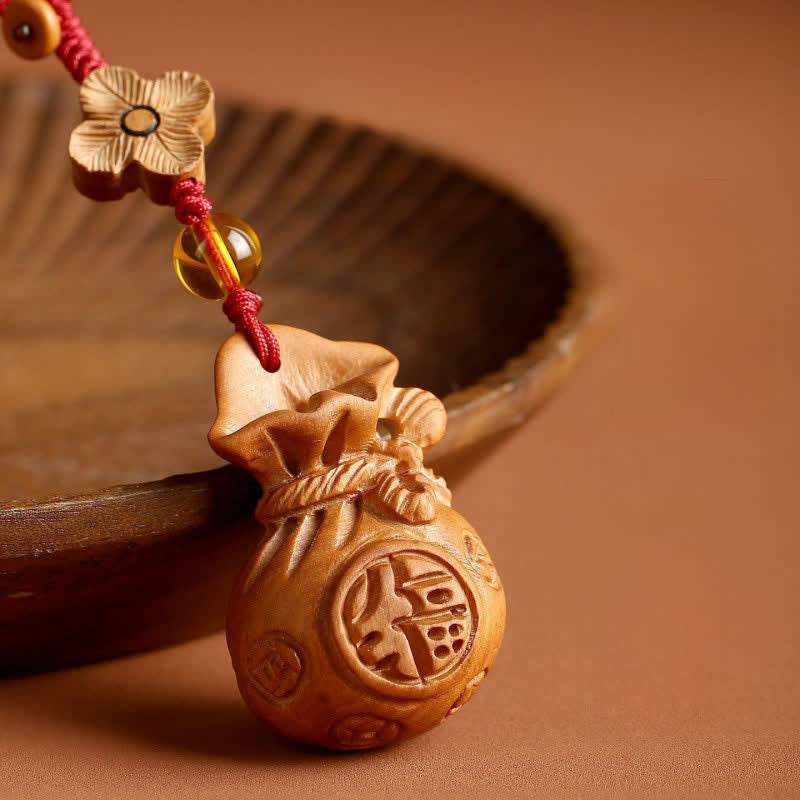 Nimara Ritual Peach Wood Fu Character Lotus Lucky Pouch Wealth Charm Keychains