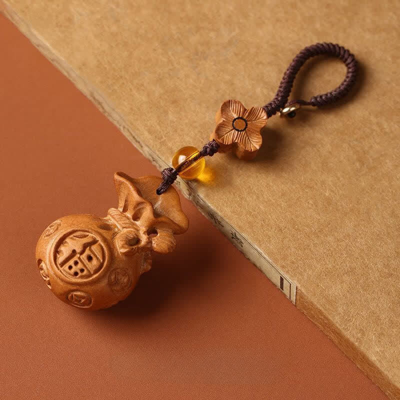 Nimara Ritual Peach Wood Fu Character Lotus Lucky Pouch Wealth Charm Keychains
