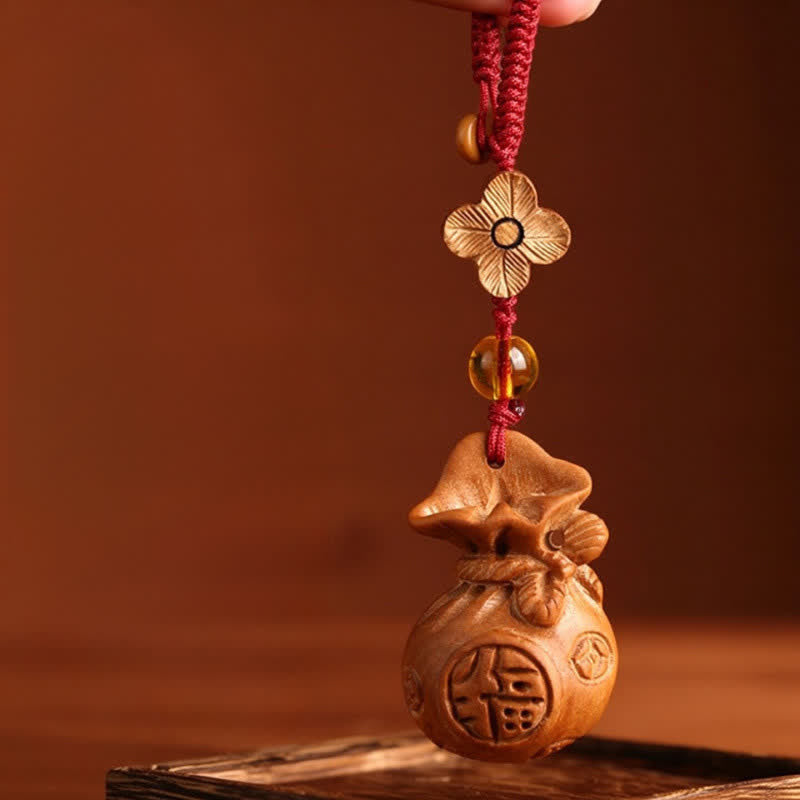 Nimara Ritual Peach Wood Fu Character Lotus Lucky Pouch Wealth Charm Keychains