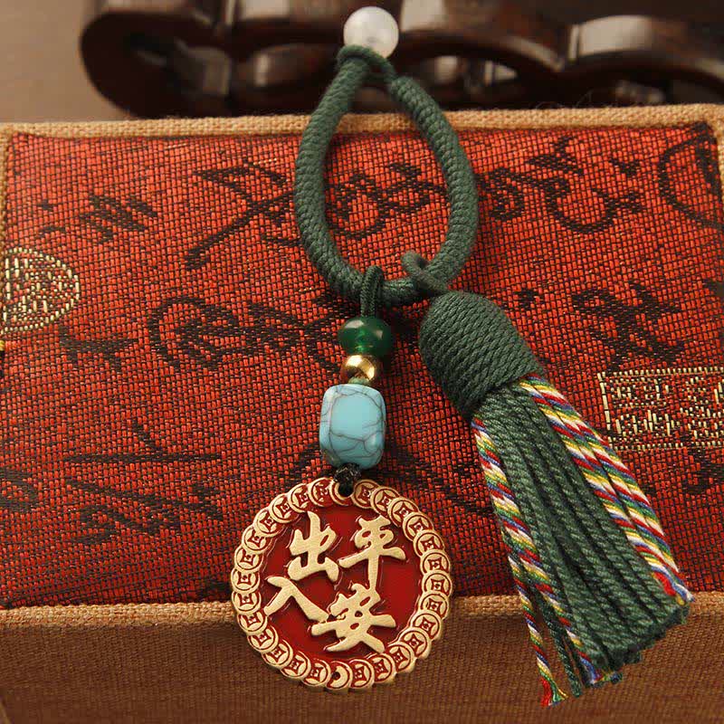 Nimara Ritual Brass Hand-Woven Red String Fu Character Blessing Tassel Keychains