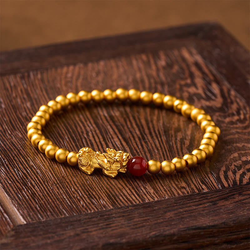 Nimara Ritual Gold Plated Copper Red Agate Pi Xiu Wealth Round Bead Bracelet