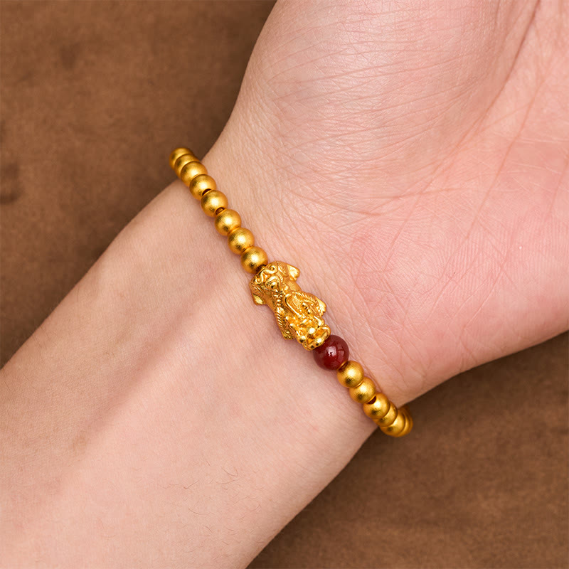 Nimara Ritual Gold Plated Copper Red Agate Pi Xiu Wealth Round Bead Bracelet