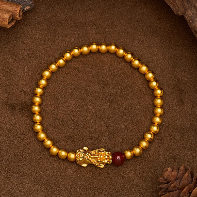 Nimara Ritual Gold Plated Copper Red Agate Pi Xiu Wealth Round Bead Bracelet