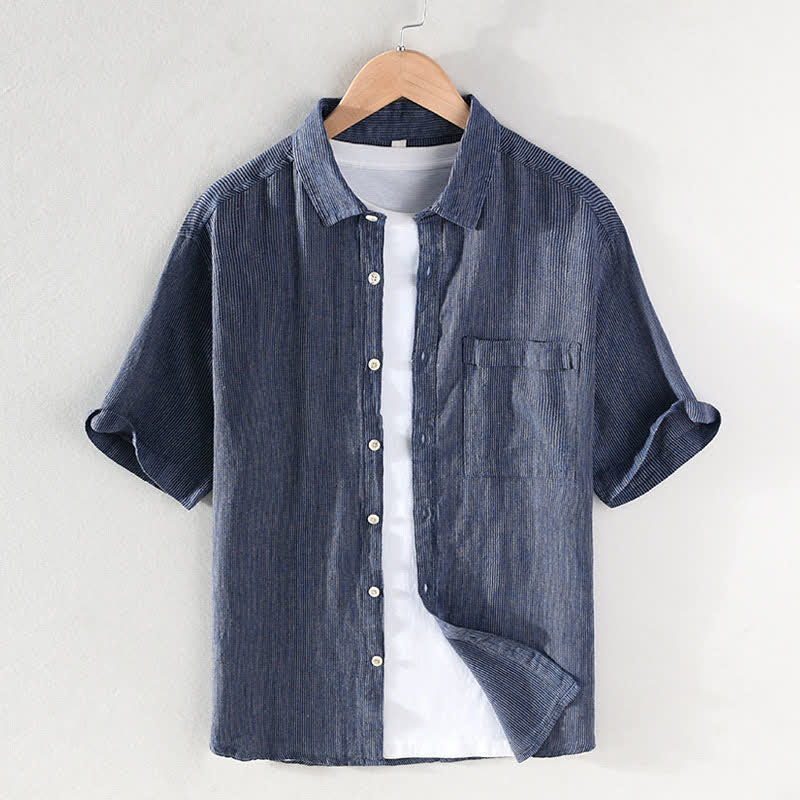 Nimara Ritual Summer Casual Solid Striped Linen Men's Short Sleeve Shirts With Patch Pocket