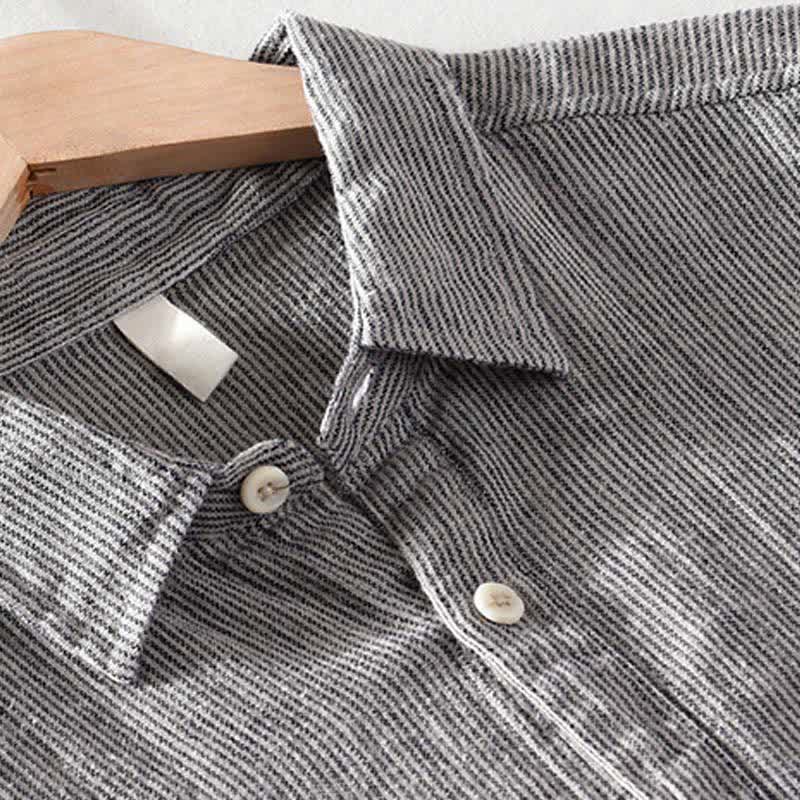Nimara Ritual Summer Casual Solid Striped Linen Men's Short Sleeve Shirts With Patch Pocket