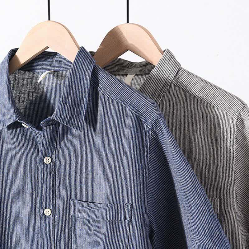 Nimara Ritual Summer Casual Solid Striped Linen Men's Short Sleeve Shirts With Patch Pocket