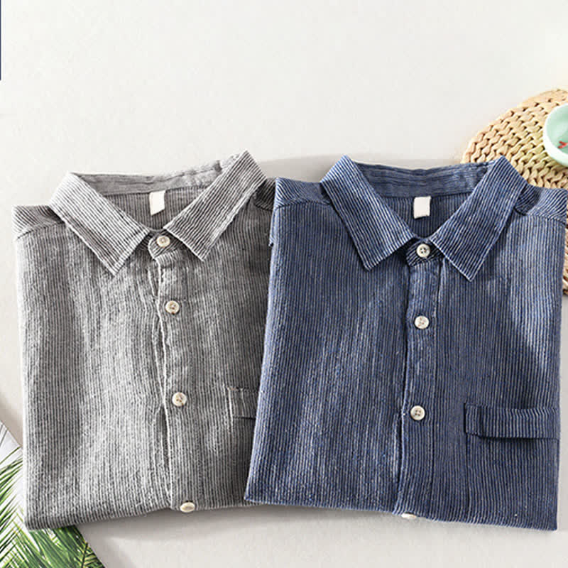 Nimara Ritual Summer Casual Solid Striped Linen Men's Short Sleeve Shirts With Patch Pocket