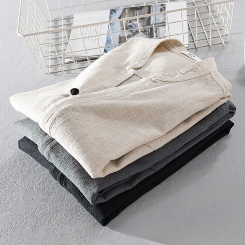 Nimara Ritual Spring Casual Mandarin Collar Solid Ramie Men's Long Sleeve Shirts With Pocket
