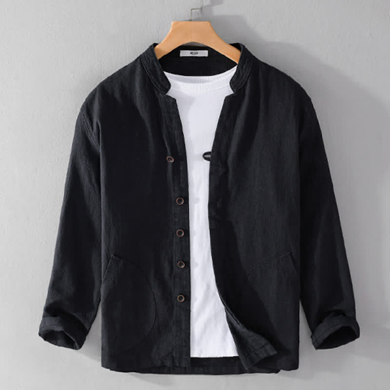 Nimara Ritual Spring Casual Mandarin Collar Solid Ramie Men's Long Sleeve Shirts With Pocket