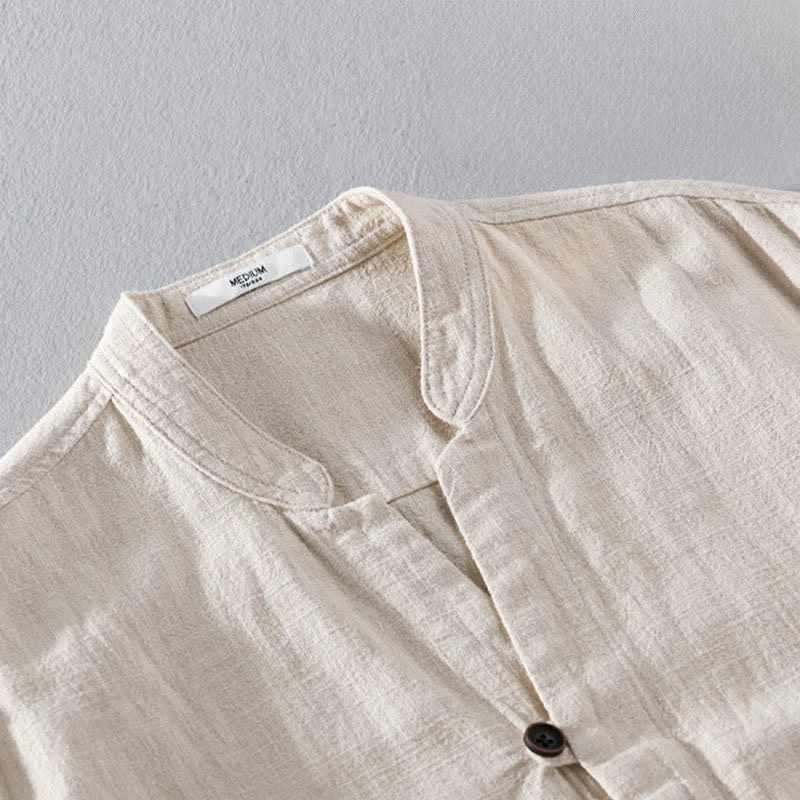 Nimara Ritual Spring Casual Mandarin Collar Solid Ramie Men's Long Sleeve Shirts With Pocket