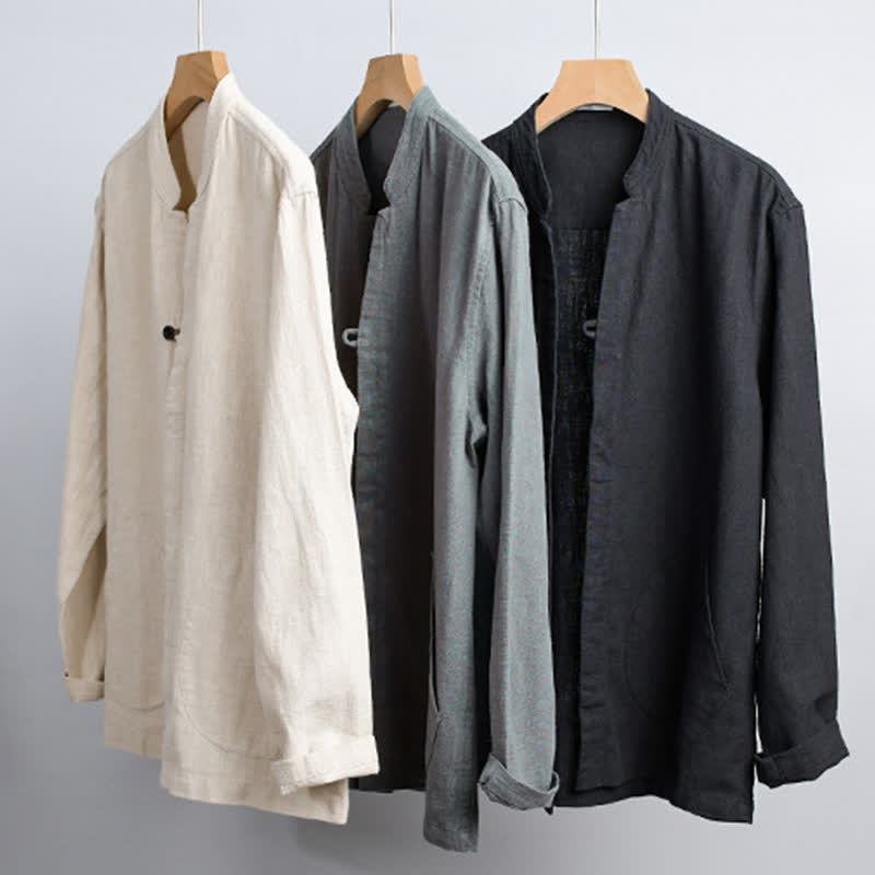 Nimara Ritual Spring Casual Mandarin Collar Solid Ramie Men's Long Sleeve Shirts With Pocket