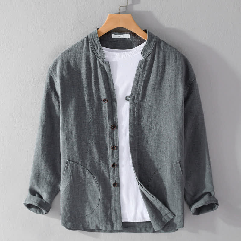 Nimara Ritual Spring Casual Mandarin Collar Solid Ramie Men's Long Sleeve Shirts With Pocket