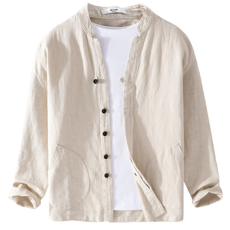 Nimara Ritual Spring Casual Mandarin Collar Solid Ramie Men's Long Sleeve Shirts With Pocket