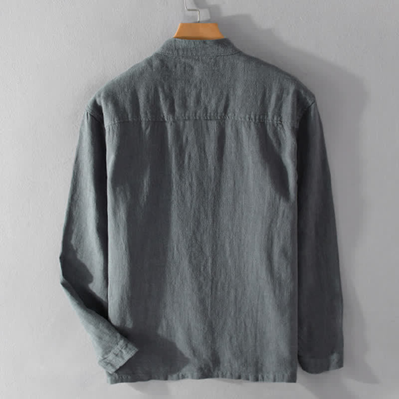 Nimara Ritual Spring Casual Mandarin Collar Solid Ramie Men's Long Sleeve Shirts With Pocket