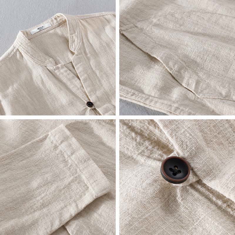 Nimara Ritual Spring Casual Mandarin Collar Solid Ramie Men's Long Sleeve Shirts With Pocket