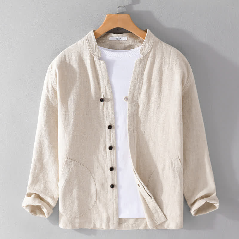 Nimara Ritual Spring Casual Mandarin Collar Solid Ramie Men's Long Sleeve Shirts With Pocket