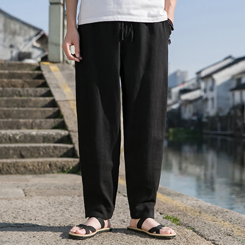 Nimara Ritual Spring Summer Casual Minimalist Drawstring Solid Ramie Ankle Pants Men's Harem Pants With Pocket
