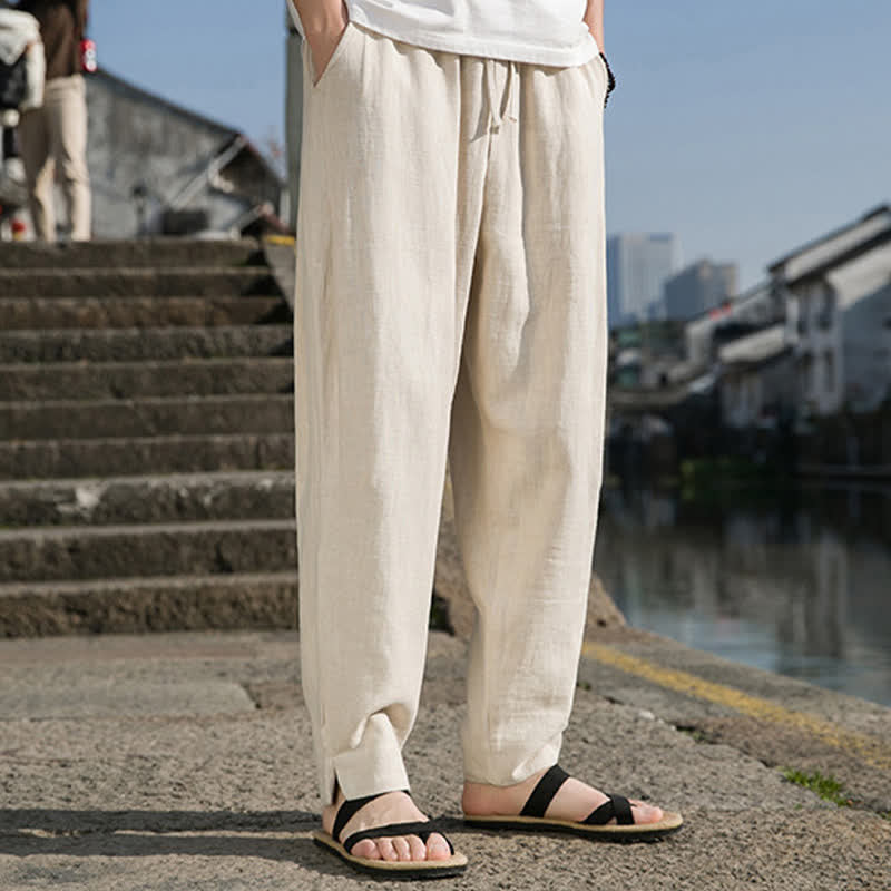 Nimara Ritual Spring Summer Casual Minimalist Drawstring Solid Ramie Ankle Pants Men's Harem Pants With Pocket