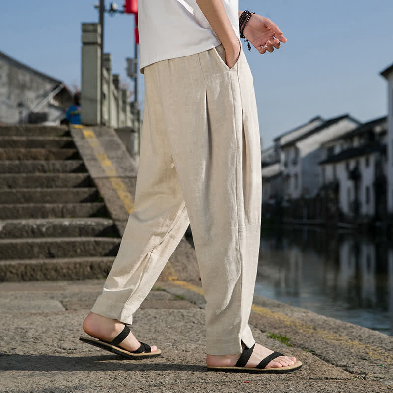Nimara Ritual Spring Summer Casual Minimalist Drawstring Solid Ramie Ankle Pants Men's Harem Pants With Pocket