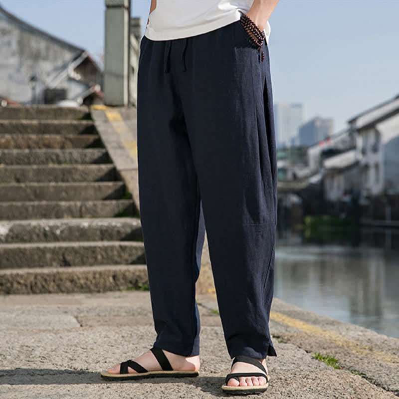 Nimara Ritual Spring Summer Casual Minimalist Drawstring Solid Ramie Ankle Pants Men's Harem Pants With Pocket