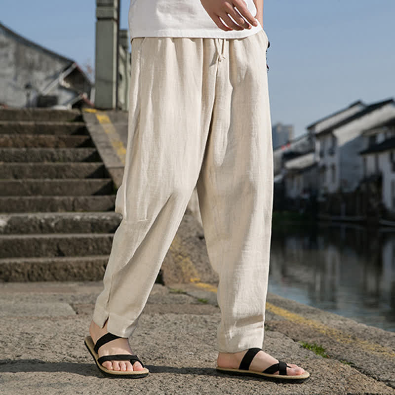 Nimara Ritual Spring Summer Casual Minimalist Drawstring Solid Ramie Ankle Pants Men's Harem Pants With Pocket