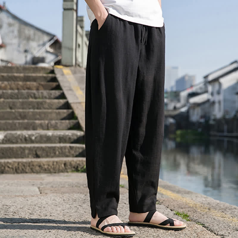 Nimara Ritual Spring Summer Casual Minimalist Drawstring Solid Ramie Ankle Pants Men's Harem Pants With Pocket