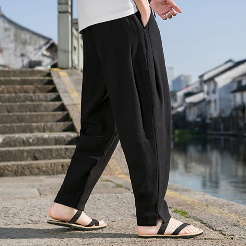 Nimara Ritual Spring Summer Casual Minimalist Drawstring Solid Ramie Ankle Pants Men's Harem Pants With Pocket