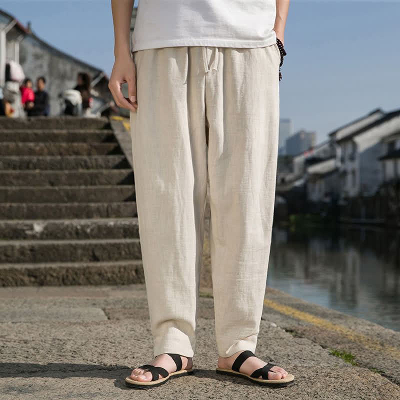 Nimara Ritual Spring Summer Casual Minimalist Drawstring Solid Ramie Ankle Pants Men's Harem Pants With Pocket