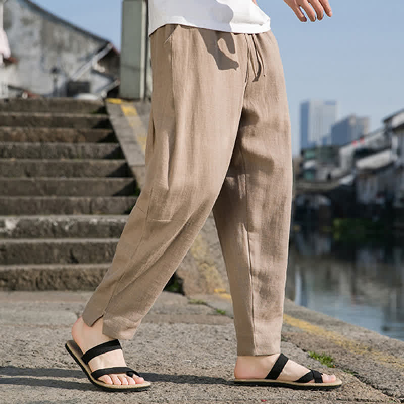 Nimara Ritual Spring Summer Casual Minimalist Drawstring Solid Ramie Ankle Pants Men's Harem Pants With Pocket