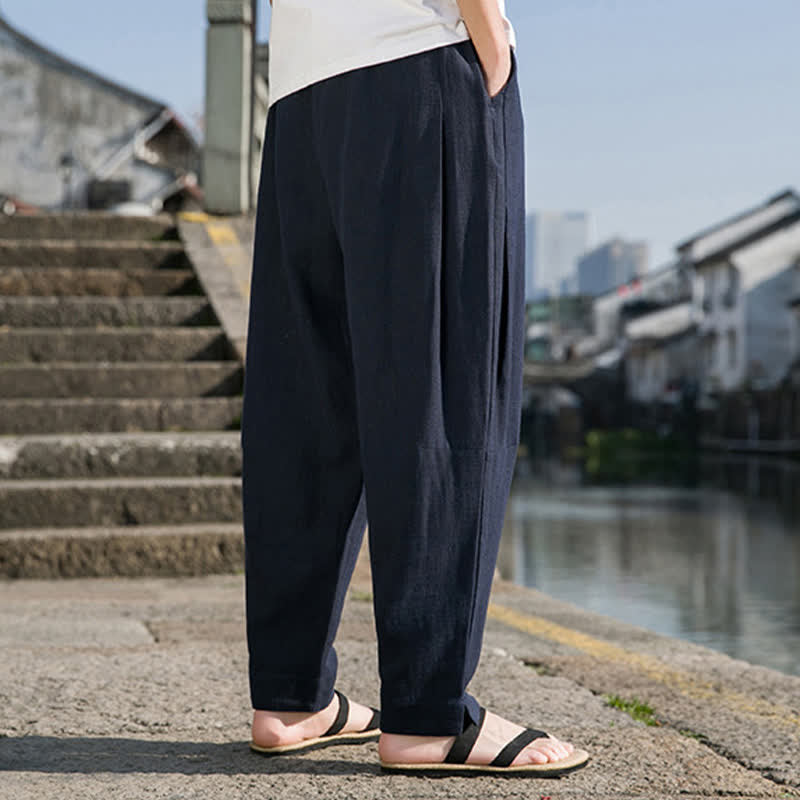 Nimara Ritual Spring Summer Casual Minimalist Drawstring Solid Ramie Ankle Pants Men's Harem Pants With Pocket