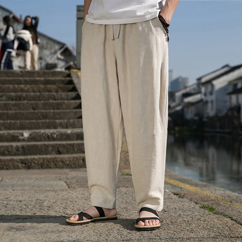 Nimara Ritual Spring Summer Casual Minimalist Drawstring Solid Ramie Ankle Pants Men's Harem Pants With Pocket