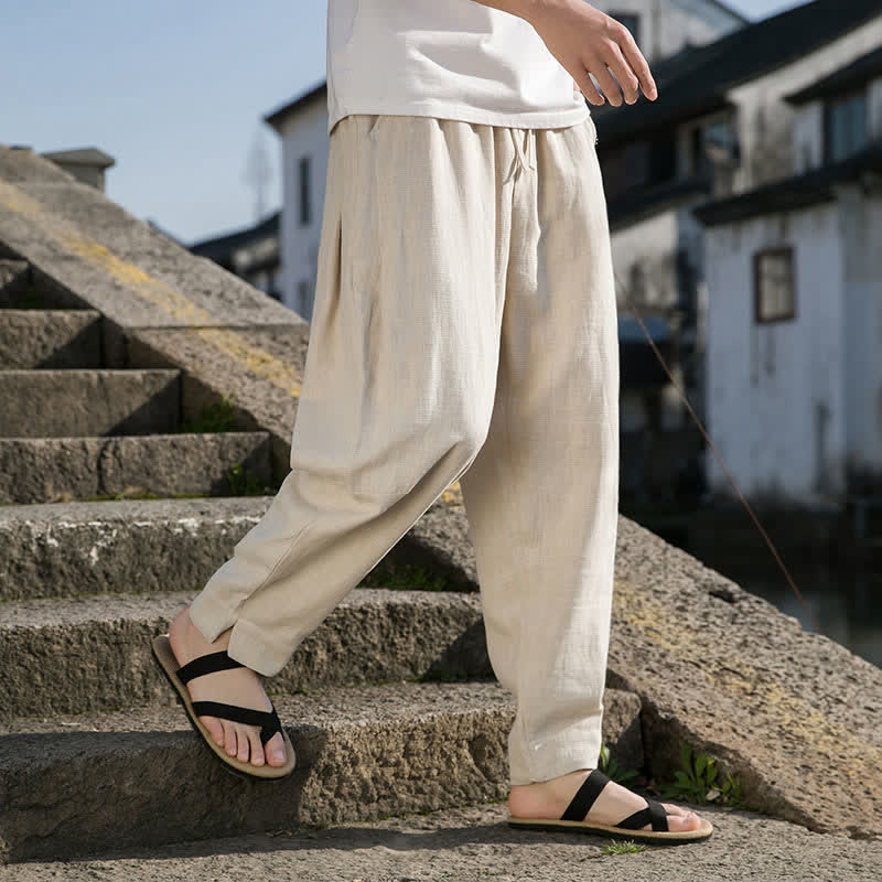 Nimara Ritual Spring Summer Casual Minimalist Drawstring Solid Ramie Ankle Pants Men's Harem Pants With Pocket
