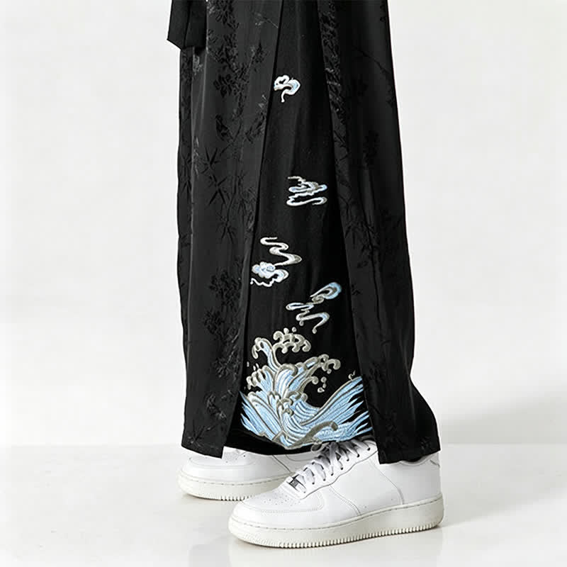 Nimara Ritual Spring Summer Tang Style Drawstring Embroidery Abstract Cropped Pants Men's Wide Leg Pants With Pocket