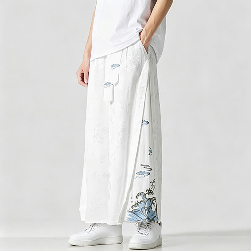 Nimara Ritual Spring Summer Tang Style Drawstring Embroidery Abstract Cropped Pants Men's Wide Leg Pants With Pocket