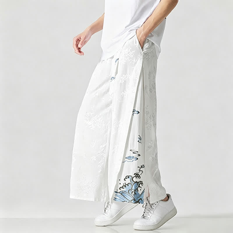 Nimara Ritual Spring Summer Tang Style Drawstring Embroidery Abstract Cropped Pants Men's Wide Leg Pants With Pocket