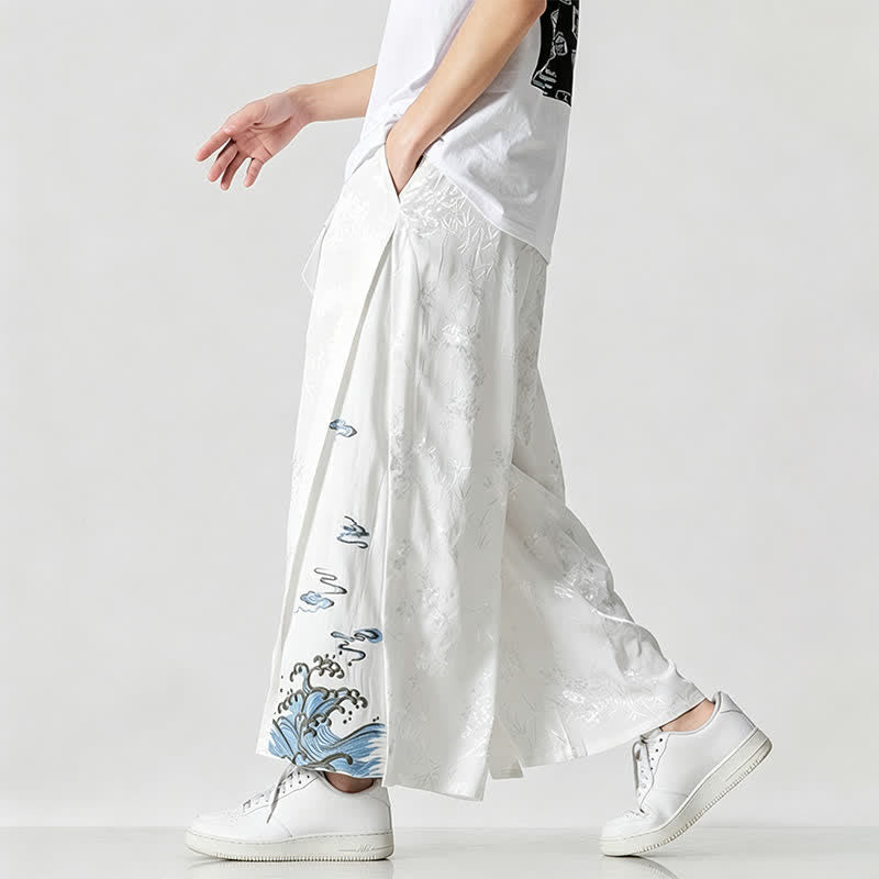Nimara Ritual Spring Summer Tang Style Drawstring Embroidery Abstract Cropped Pants Men's Wide Leg Pants With Pocket