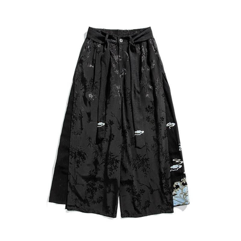 Nimara Ritual Spring Summer Tang Style Drawstring Embroidery Abstract Cropped Pants Men's Wide Leg Pants With Pocket
