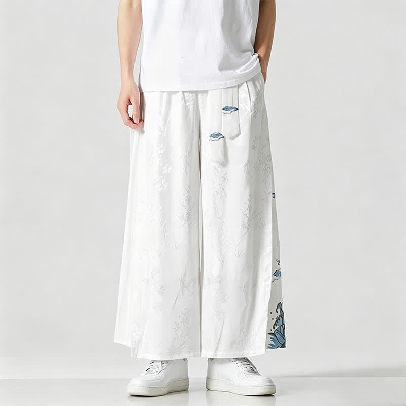 Nimara Ritual Spring Summer Tang Style Drawstring Embroidery Abstract Cropped Pants Men's Wide Leg Pants With Pocket