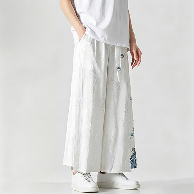Nimara Ritual Spring Summer Tang Style Drawstring Embroidery Abstract Cropped Pants Men's Wide Leg Pants With Pocket