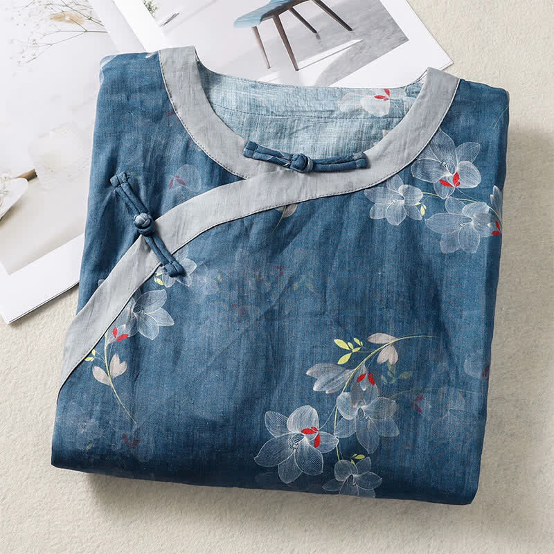 Nimara Ritual Spring Summer Tang Style Vintage Frog Button Floral Cotton Linen Women's Elbow-Length Sleeve Shirts
