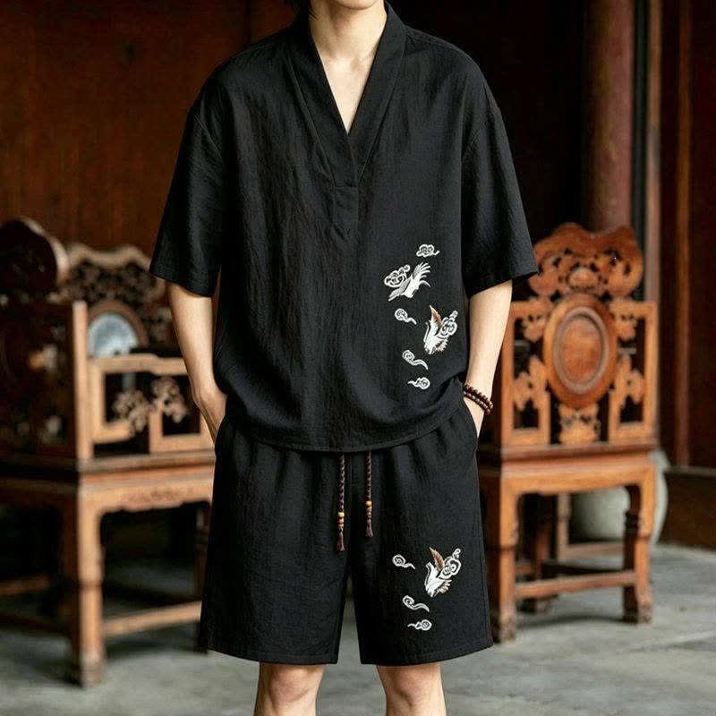 Nimara Ritual 2Pcs Summer Tang Style Meditation Embroidery Crane Short Sleeve Shirt Shorts Men's Meditation Cloth With Pockets