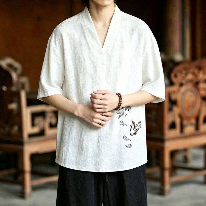 Nimara Ritual 2Pcs Summer Tang Style Meditation Embroidery Crane Short Sleeve Shirt Shorts Men's Meditation Cloth With Pockets